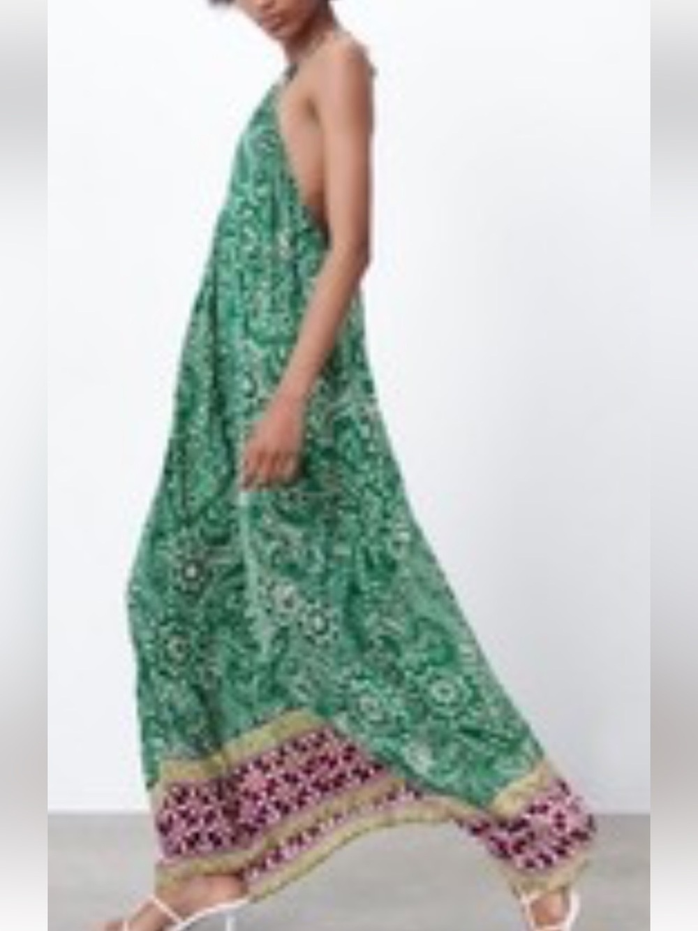 Zara Green and Cream Paisley maxi boho Dress flowy low open sides and back S